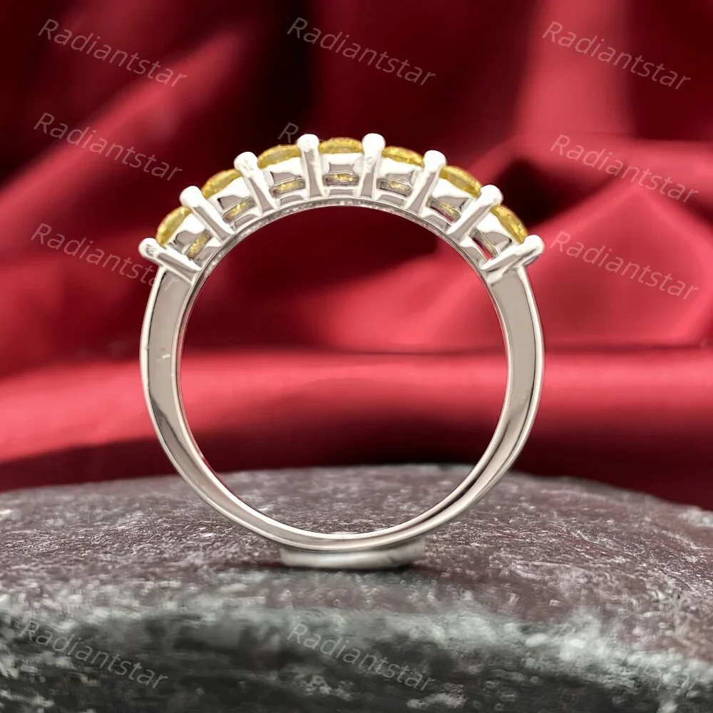 NEW Certified 3mm Lemon Yellow Moissanite 7 Stone Half Eternity Band Ring